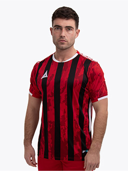 A Man is wearing a Red and Black Stripe Football Shirt