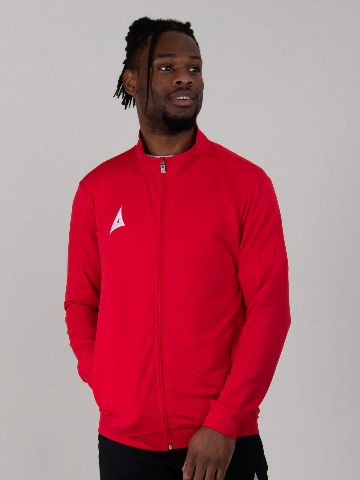 a model wearing an avec red full zip tracksuit jacket made of polyester