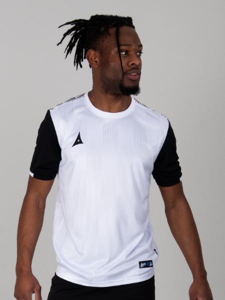 A white and black football shirt with graphic print