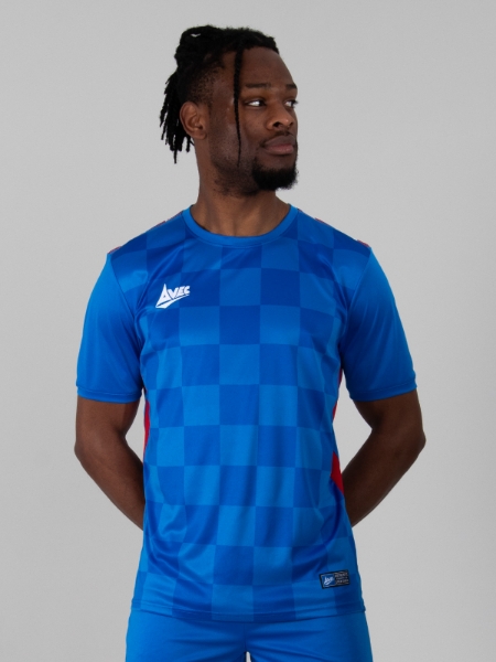 Adult Model is wearing a Two-Tone Royal Blue Chequered Football Shirt with red side panels.