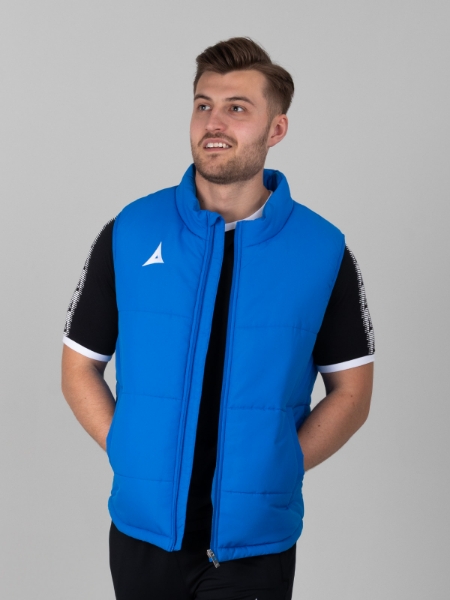 A man is wearing an unzipped bright royal blue gilet from Avec Sports Evolve Range.