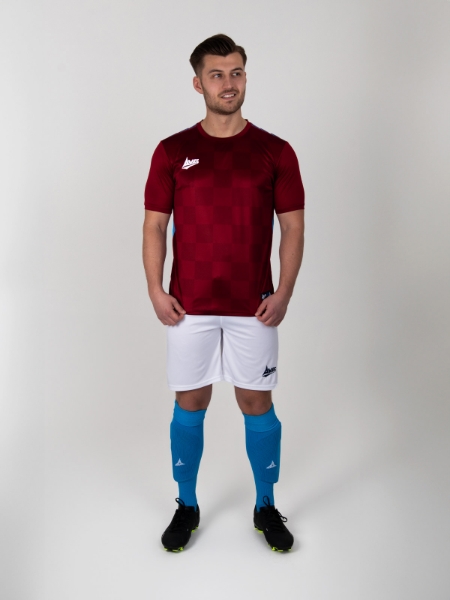 A west ham kit style combination of claret shirt, white shorts and sky blue socks