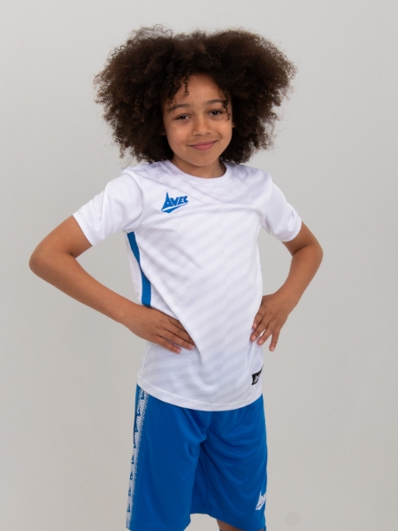 A children's white football shirt is modelled by a boy.