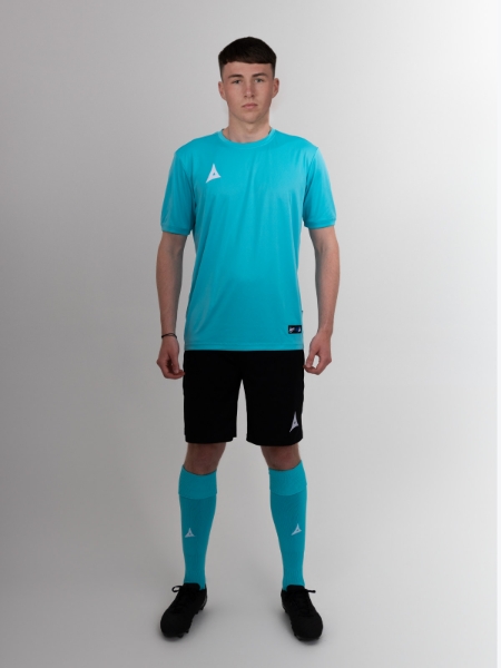 A full football kit in a light blue and navy is being worn