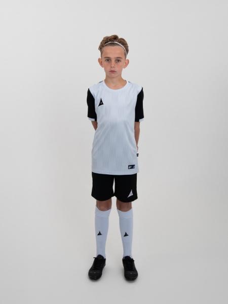 A grey football shirt with black shorts and grey socks makes a winning combination for any kids football team.