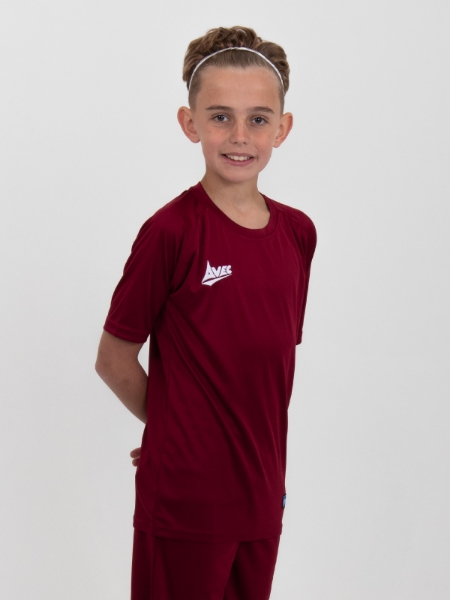 A Children's Claret Football Shirt is being worn by a young boy.