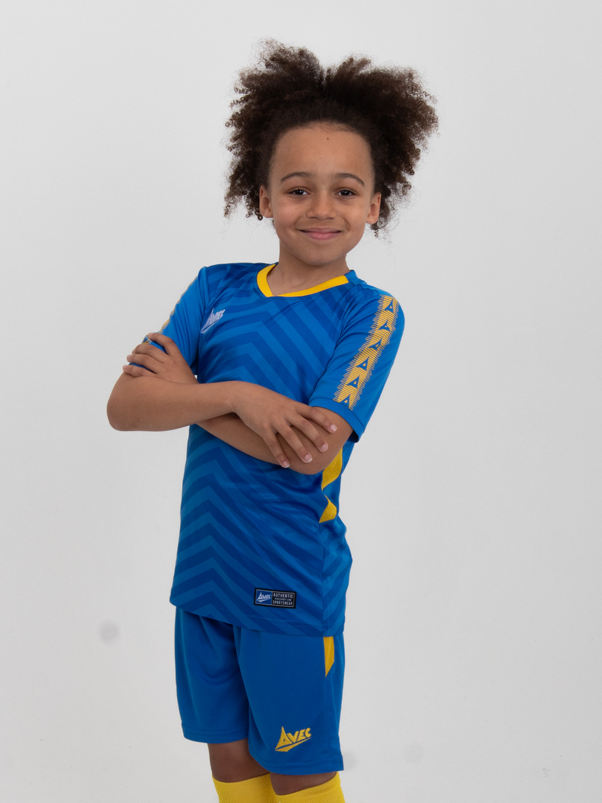 a kids royal blue and yellow football shirt