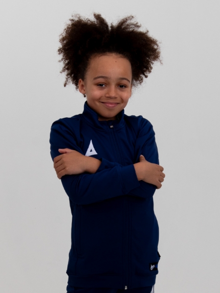 This child is very excited to be wearing a great fitting navy tracksuit jacket
