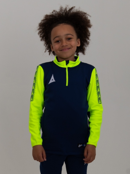 A kids navy blue jumper with yellow sleeves makes this young boy stand out from the crowd.