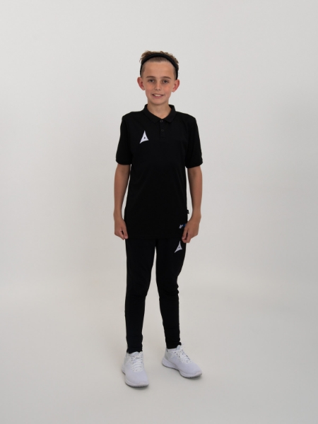 looking smart, this child is wearing a plain black polo shirt with black jogging bottoms