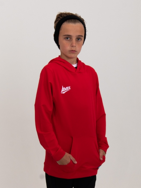 A kids hoody in red is worn by a young boy