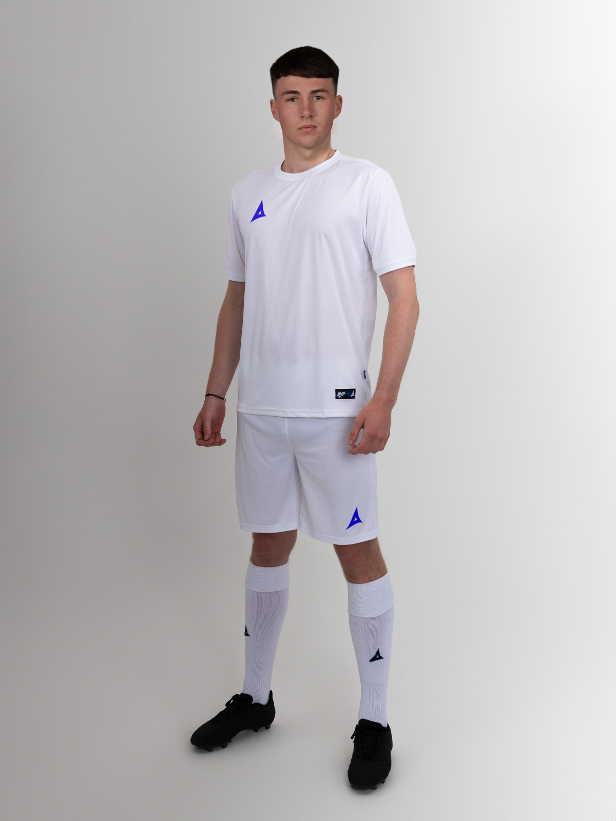 these white shorts for football are worn with a white football shirt, but could be worn with a royal blue shirt