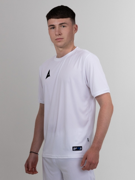 A classic white football shirt with black logo can be worn with white shorts or black shorts