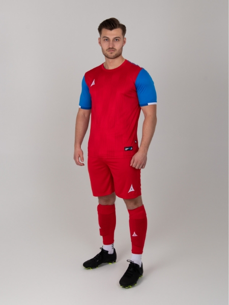 To illustrate our red football shirts a man is wearing a full red football kit