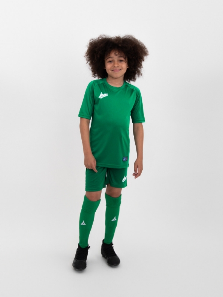 A kids full green football kit