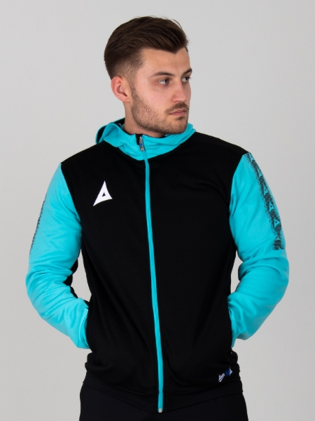 A man is wearing a black hoodie with a full zip. The item has pale blue sleeves and zip