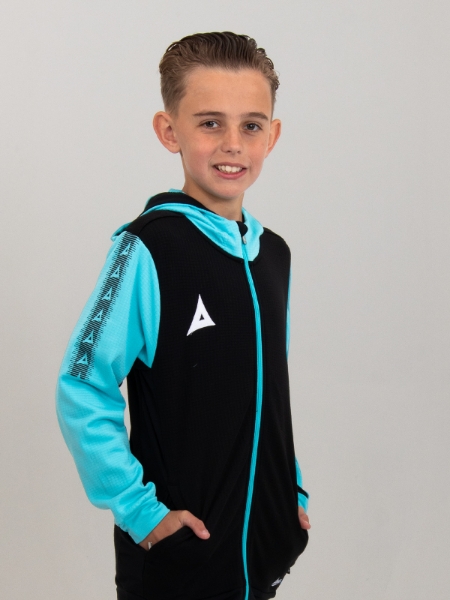 A kids black hoody with pale blue sleeves and hood is being worn by a child.