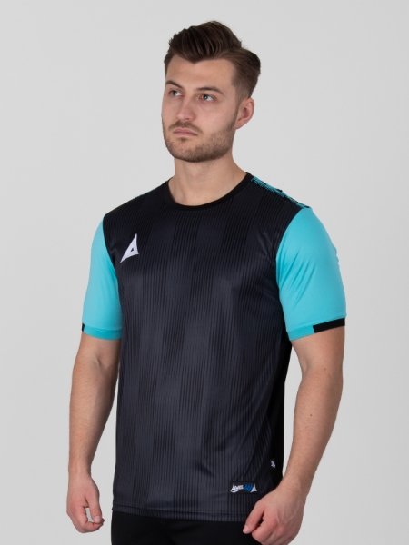 A Black Football Shirt with a two-tone black graphic print design and light blue sleeves