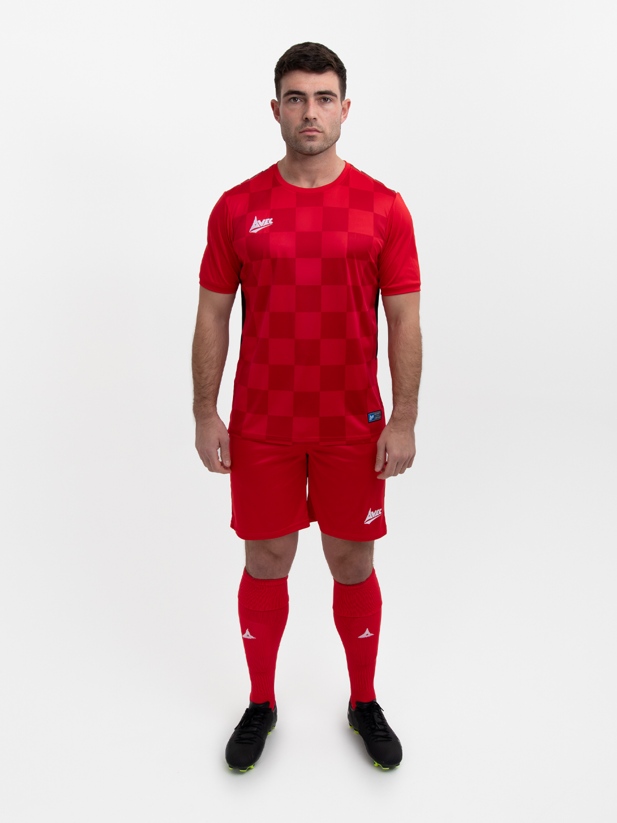 a full red kit with a squared two-tone red pattern