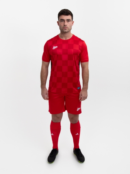 A full red kit with a squared two-tone red pattern