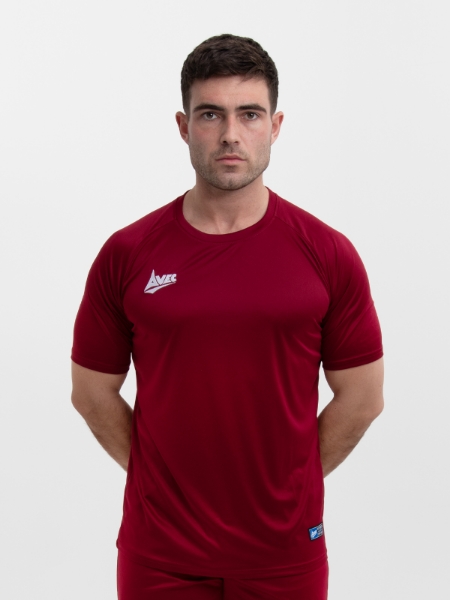 An Adult Claret Football Shirt is being worn by a man