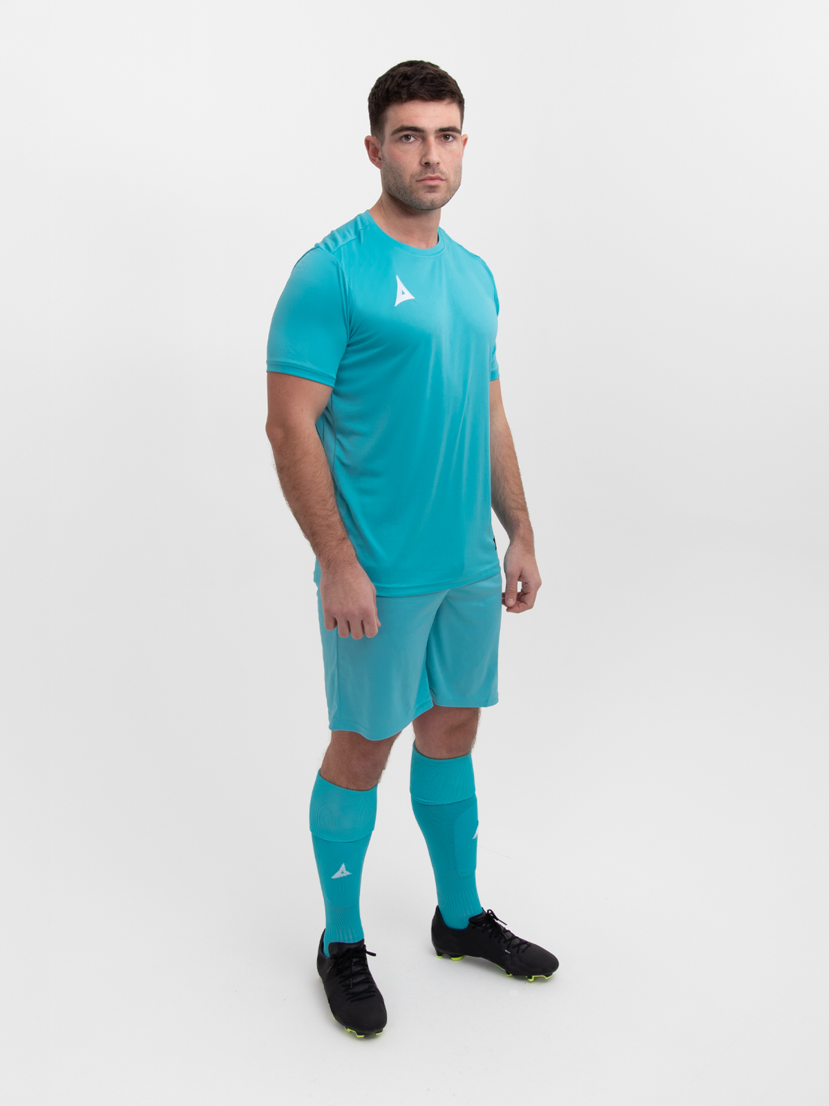 a full football kit in a light blue is being worn