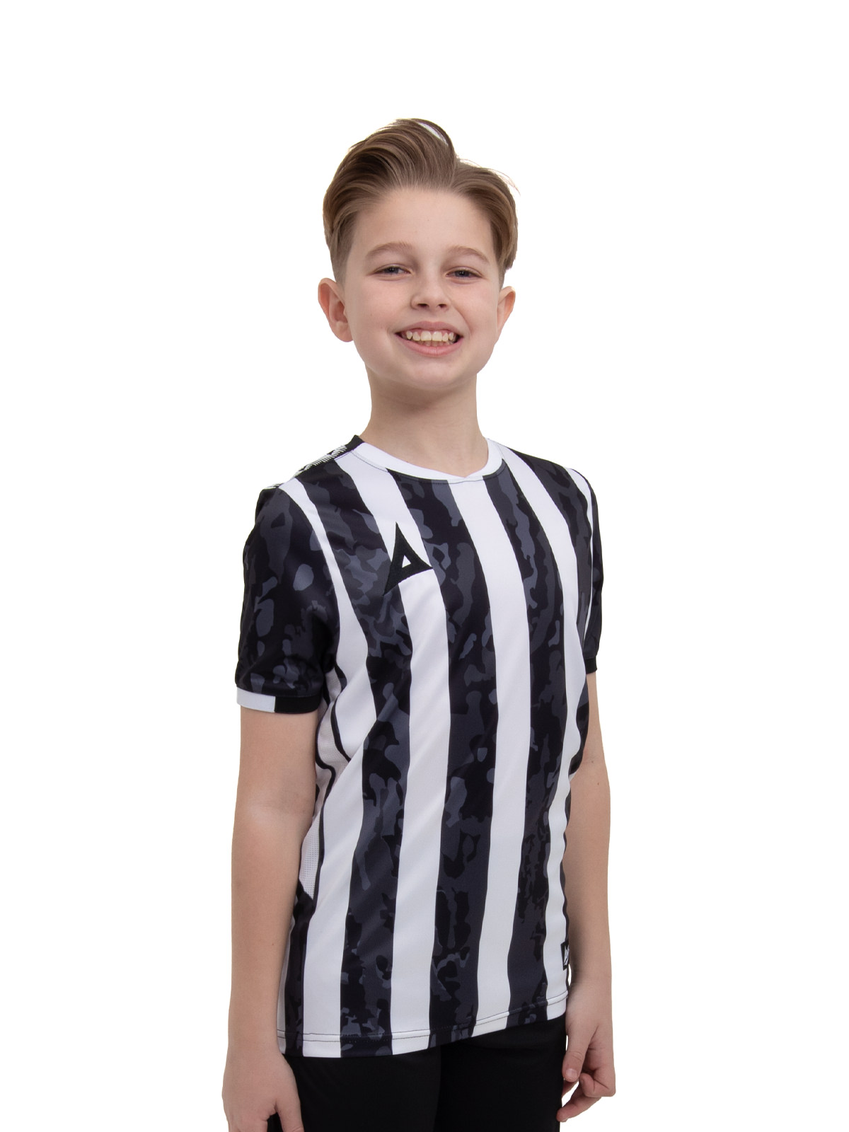 a child in a black and white stripe shirt that has a camo pattern