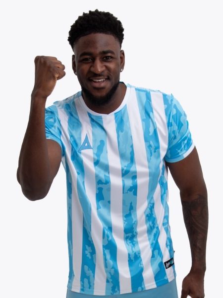 An adult is wearing a Sky Blue and White stripe shirt, which resembles the likes of the Argentina National team. There is a camo pattern within the sky blue elements