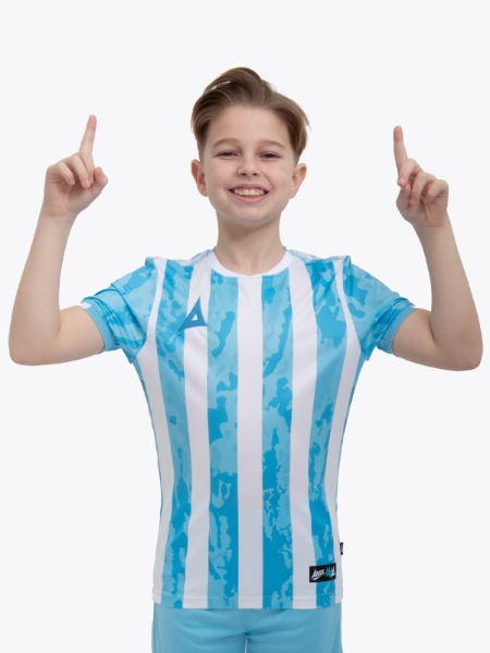 A kid is wearing a Sky Blue and White stripe shirt, which resembles the likes of the Argentina National team. There is a camo pattern within the sky blue elements