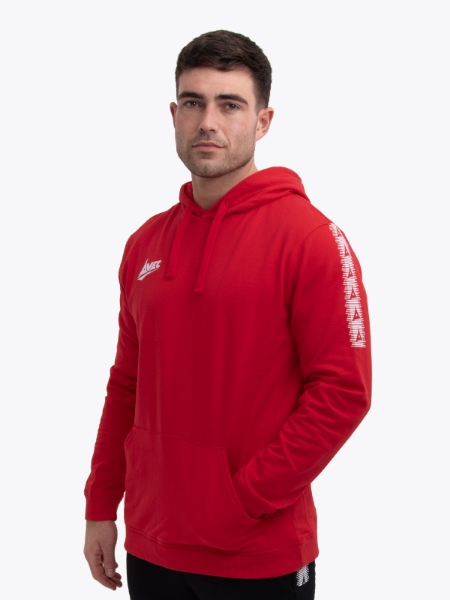 A red pull-over hoodie is being worn by an adult male.