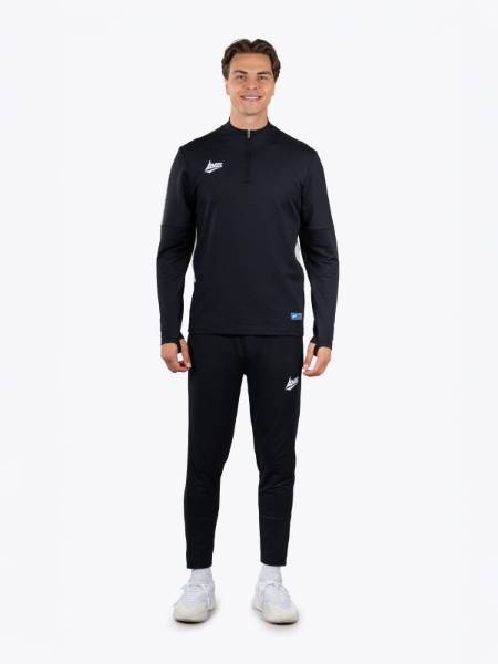 This smart looking sports outfit is being worn by a man. The black overlay features a quarter zip