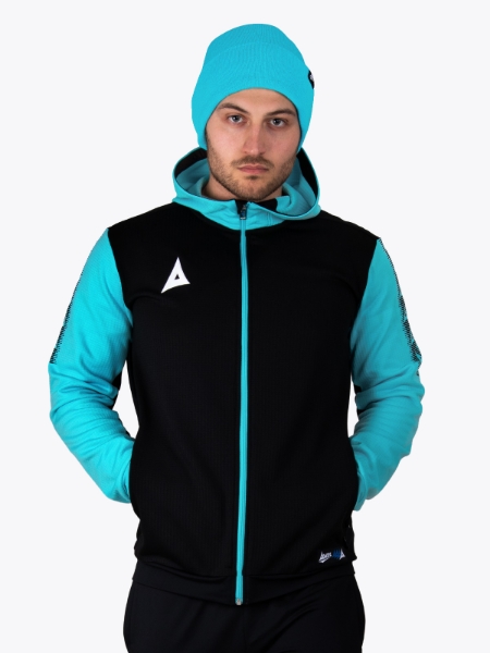 This man is keeping warm with the blue turn up hat