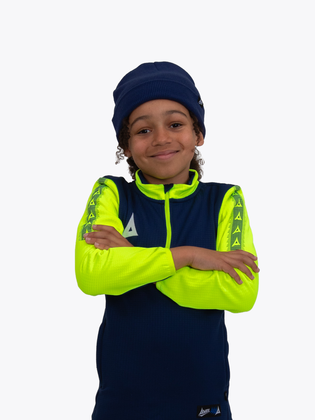 a boy wearing a navy turn up beanie and a navy and neon yellow overlay