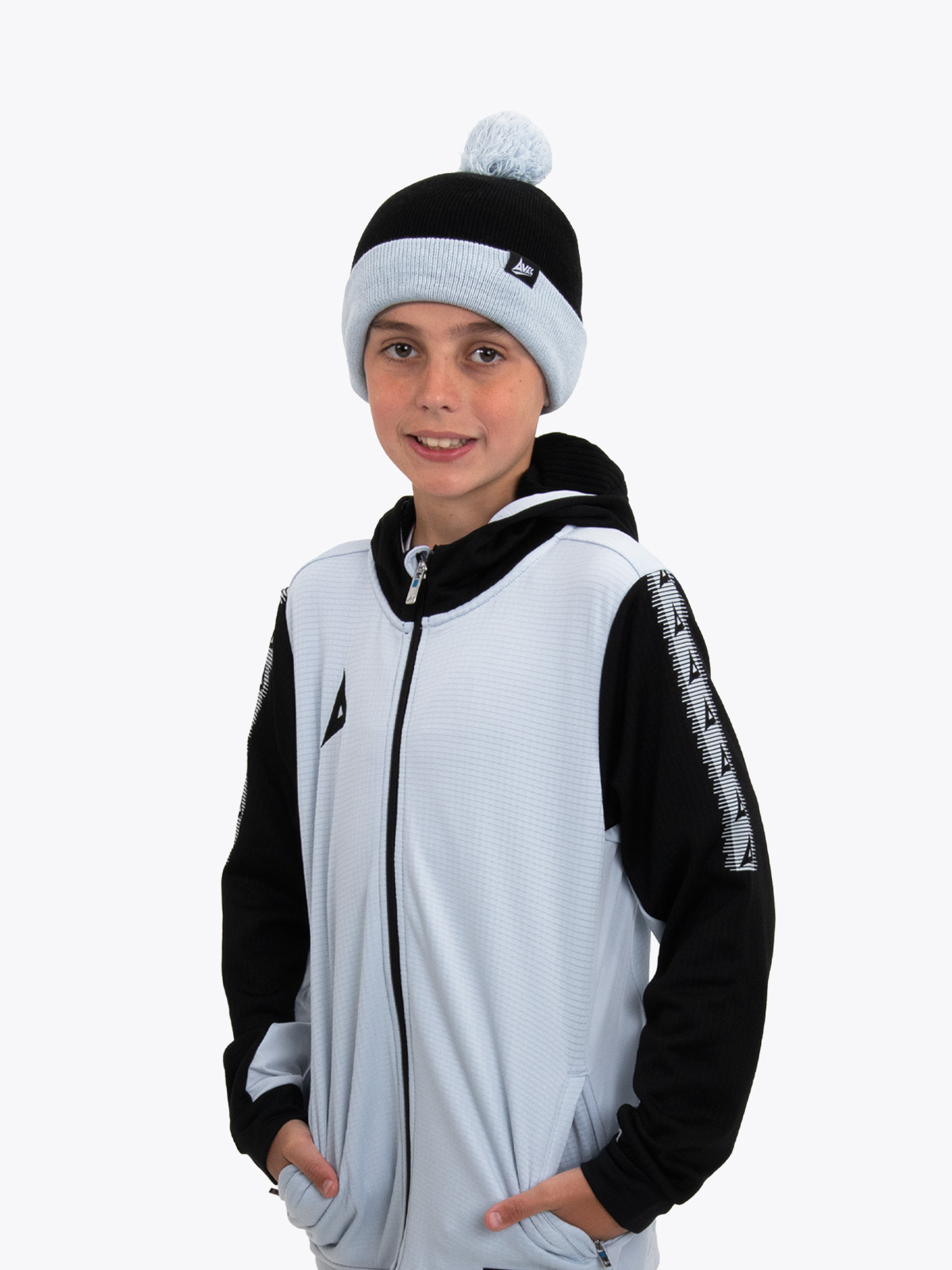 a kids beanie hat in black and grey, which is designed to be worn with our grey pro player collection