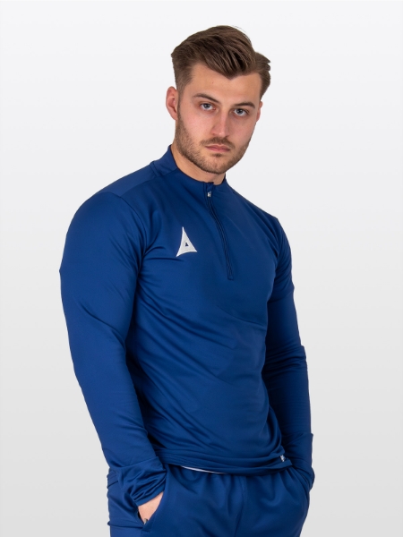 A Male Model wearing the Avec Focus 2 Navy Tech Overlay, Plain Jumper with Avec embroidered logo and a Quarter Zip