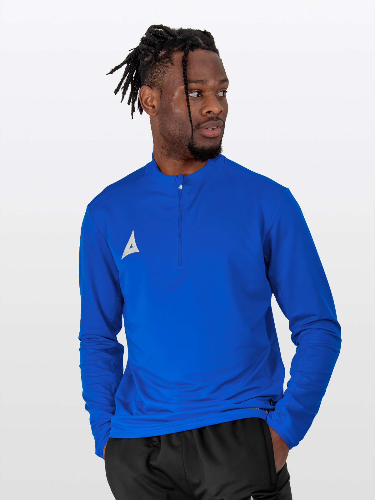 male model showcasing the avec focus 2 royal tech overlay jumper in a clean plain royal.