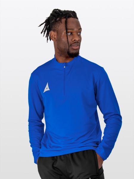 Male model showcasing the Avec Focus 2 Royal Tech Overlay Jumper in a clean plain Royal.