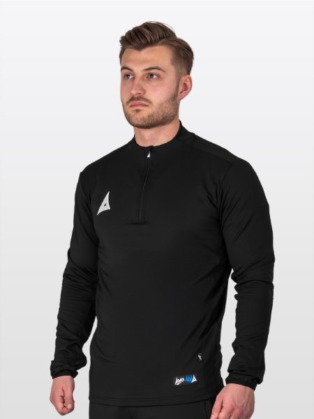 A male model wearing the Avec Focus 2 Black Tech Overlay in plain Black  jumper, perfect for sports and training