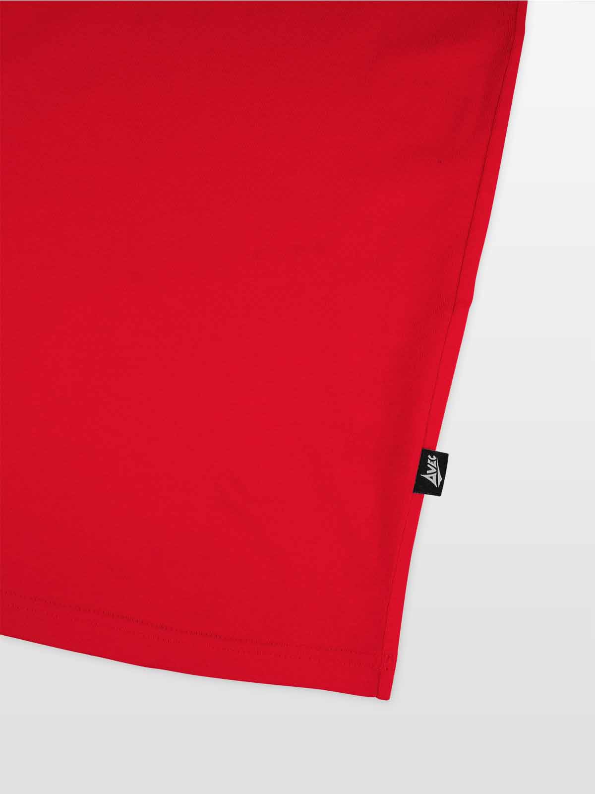 close-up of authentic sportswear id label on the avec evolve red t-shirt