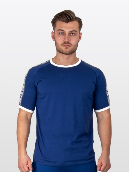 A Male Model wearing the Avec Evolve Navy T-Shirt, Plain Navy Graphic tee