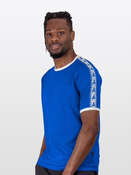 A Male Model wearing the Avec Evolve Royal Blue T-Shirt, Plain Blue top with ribbed sleeve cuff and neck