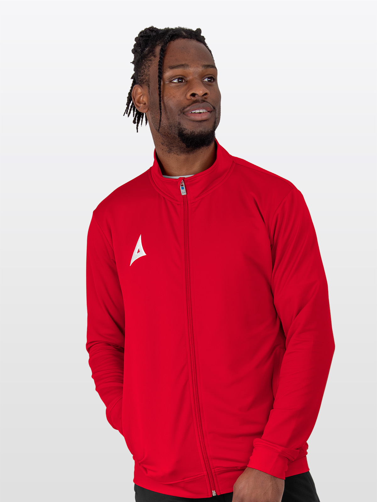 a male model wearing the avec focus 2 red track jacket