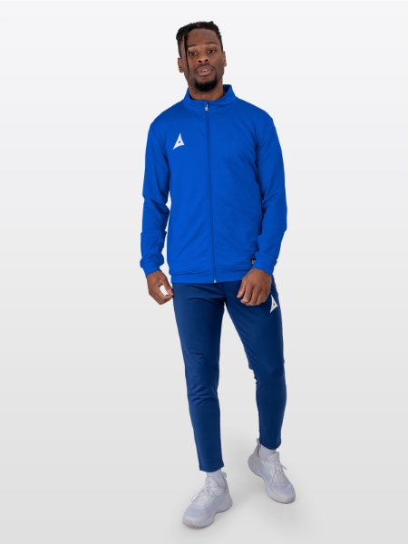 A Male Model wearing the Avec Focus 2 Royal Track Jacket, a full tracksuit with Navy Focus 2 Tech Pant