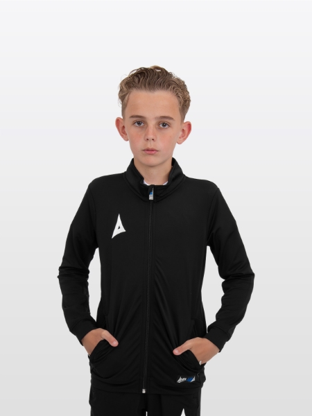 A boy is stood wearing the Avec Focus 2 Black Track Jacket, Plain tracksuit full Zip