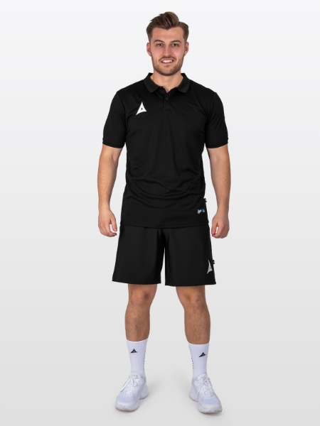 A Male Model is stood wearing the Avec Focus 2 Black  Tech Polo, Plain Black top and the Avec Focus 2 Black Tech Short