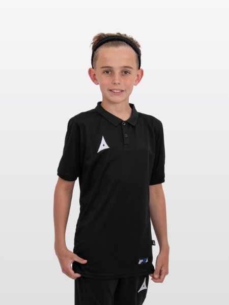 A young Model is stood wearing the Avec Focus 2 Black  Tech Polo