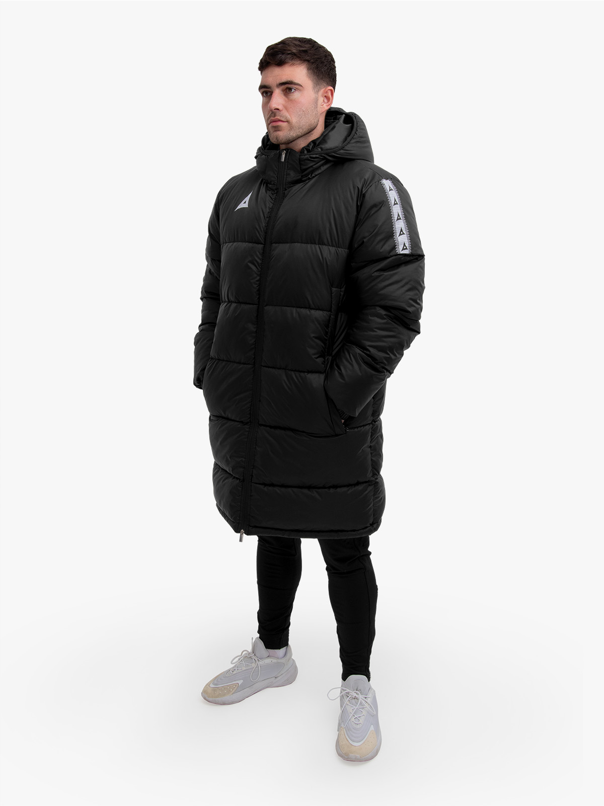 avec evolve pro black padded bench jacket worn by model – full body shot