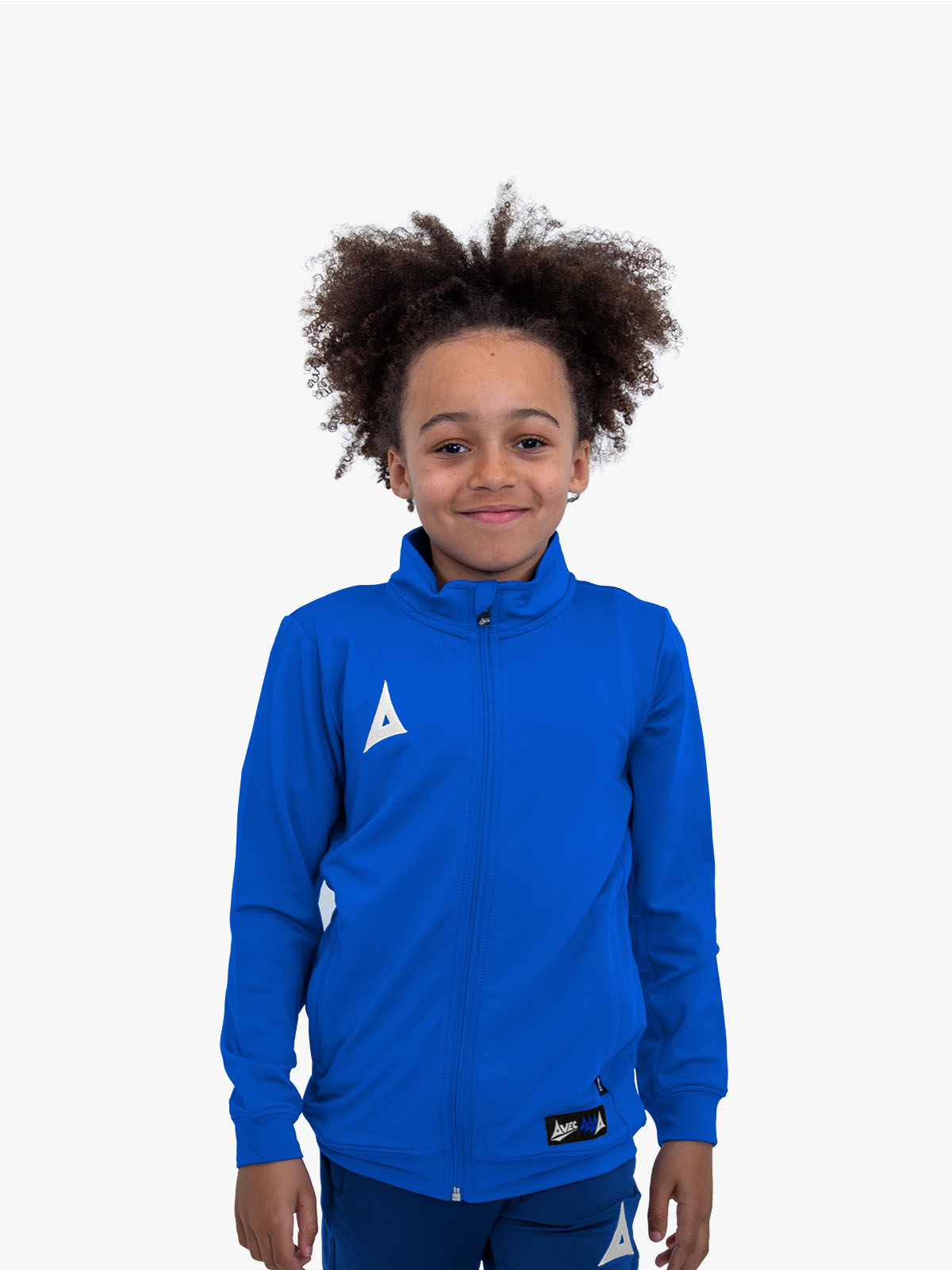 avec focus 2 royal blue track jacket worn by junior model – close up shot
