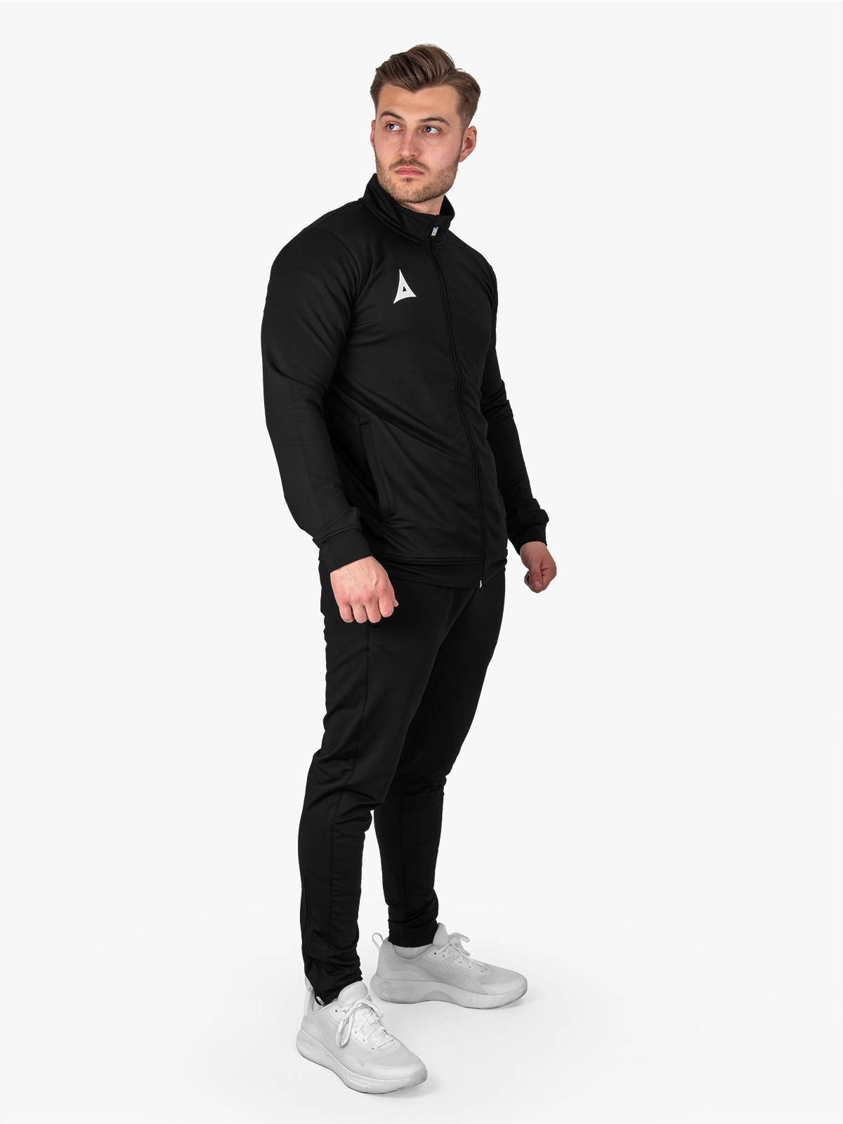 avec focus 2 black track jacket worn by model – full body shot