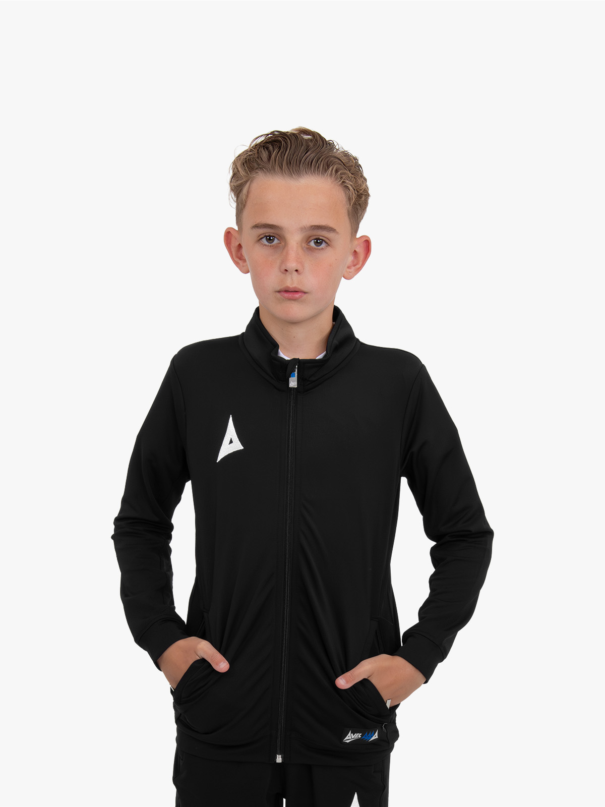 avec focus 2 black track jacket worn by junior model – close up shot